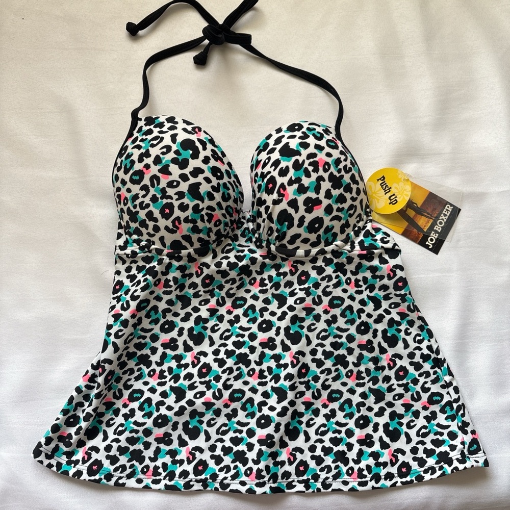 Joe Boxer White Leopard Print Push-Up Halter Tankini with Teal & Pink Accents - Picture 2 of 4